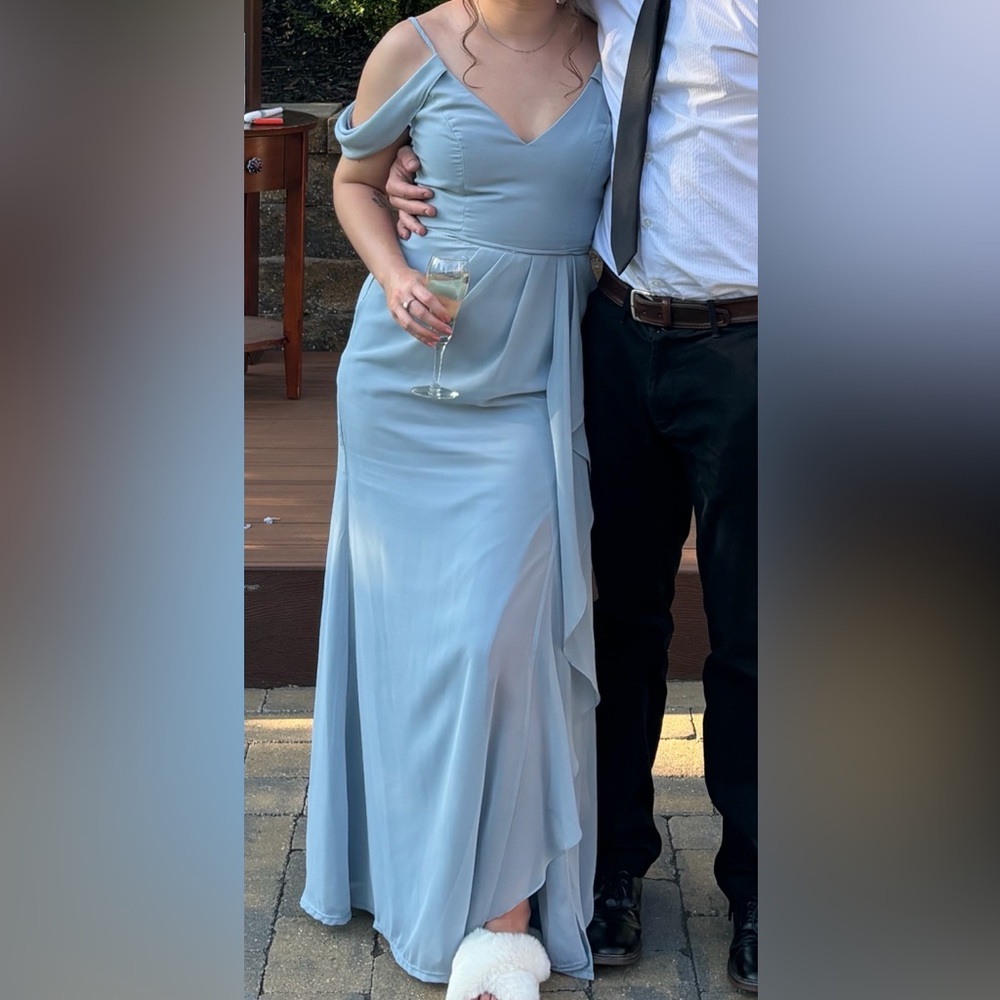 David’s Bridal Dusty Blue Off-Shoulder Dress